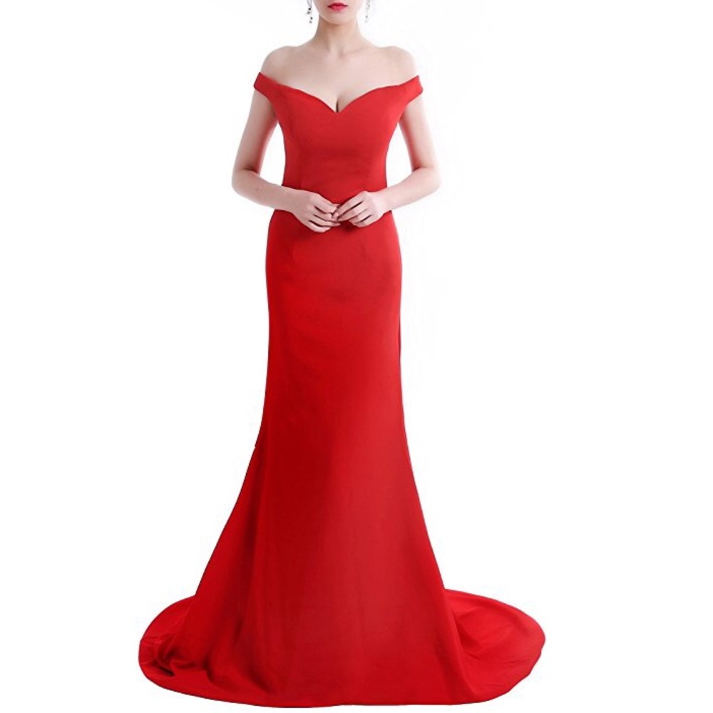 Red off the shoulder evening gown